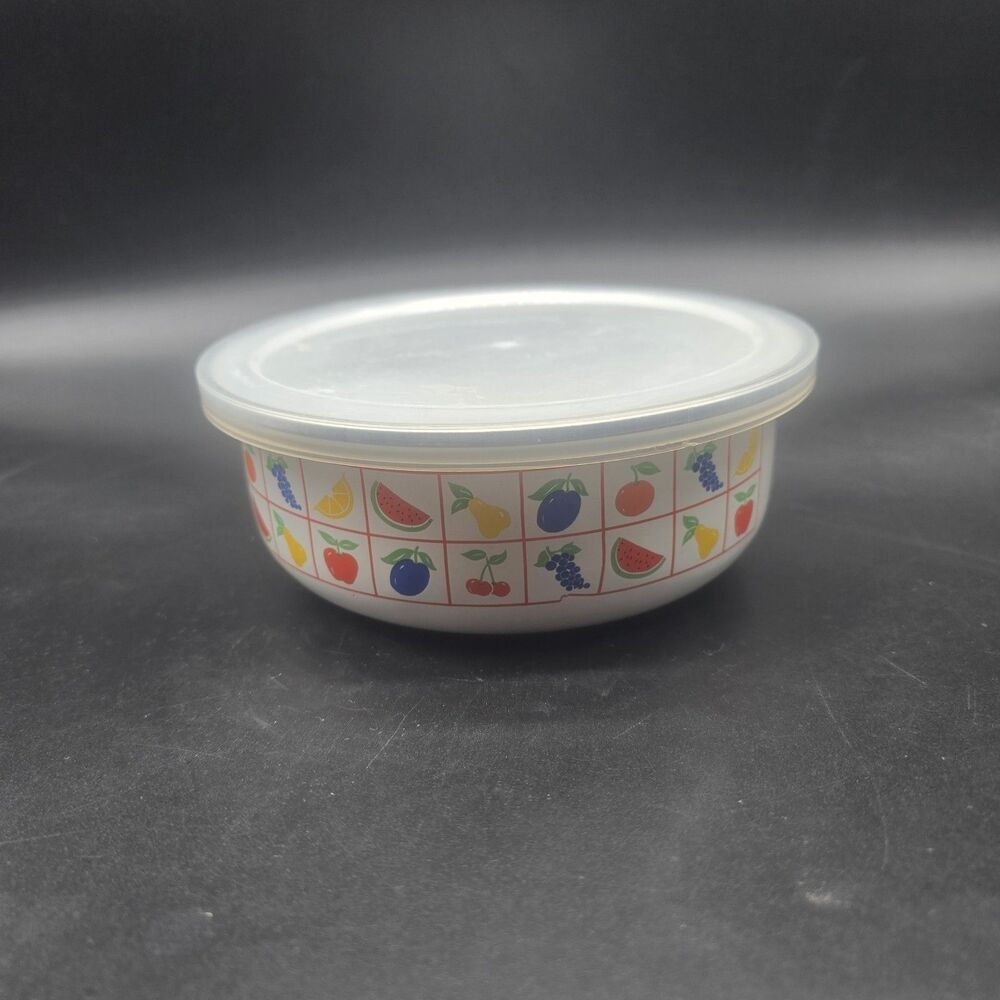 Vtg. Mixed Fruit Metal Enamel Storage Bowl With Lid Colorful Red, Blue, Yellow